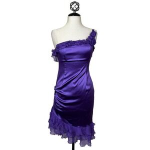 Y2K Betsey Johnson Dress Womens 8 Purple One Shoulder Silk Ruffle Cocktail Party